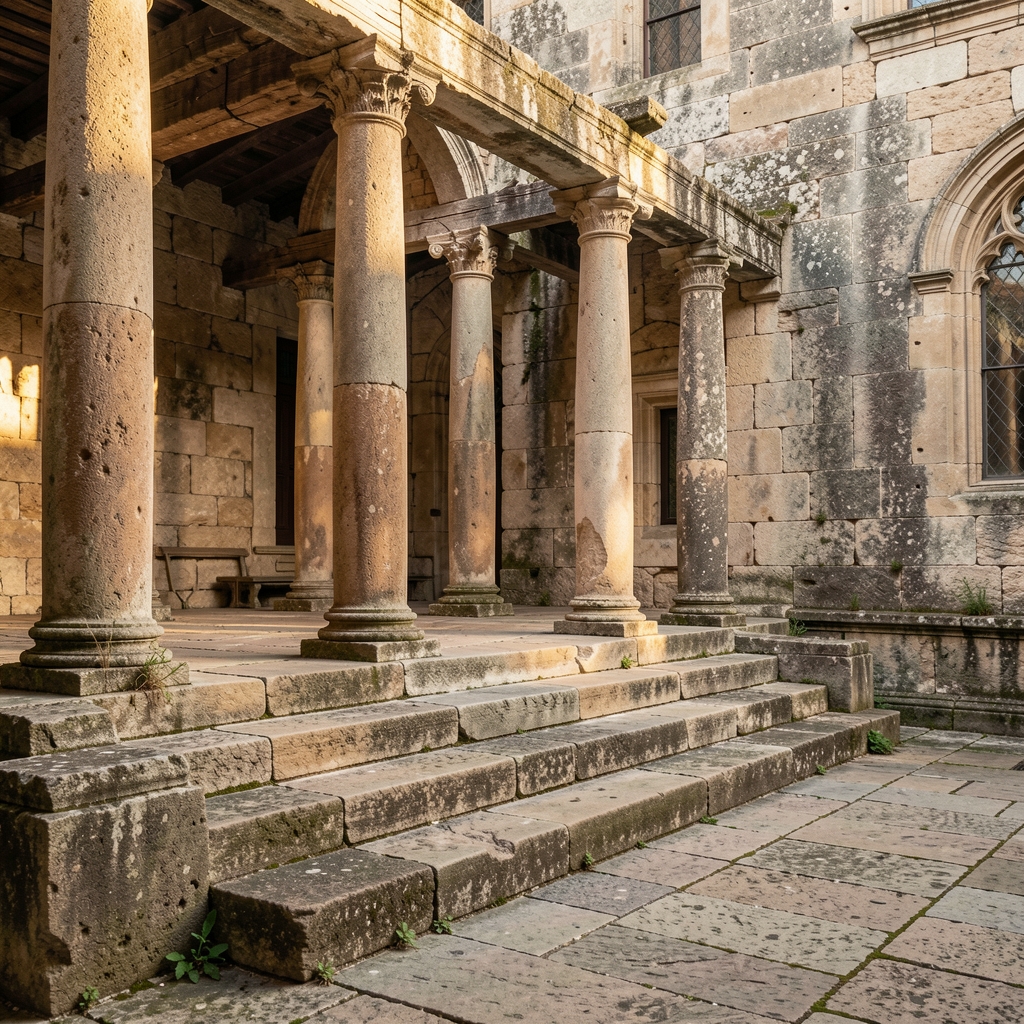 Ancient stone courtyard with weathered pillars and worn steps bathed in afternoon light, evoking historical architecture and the passage of time