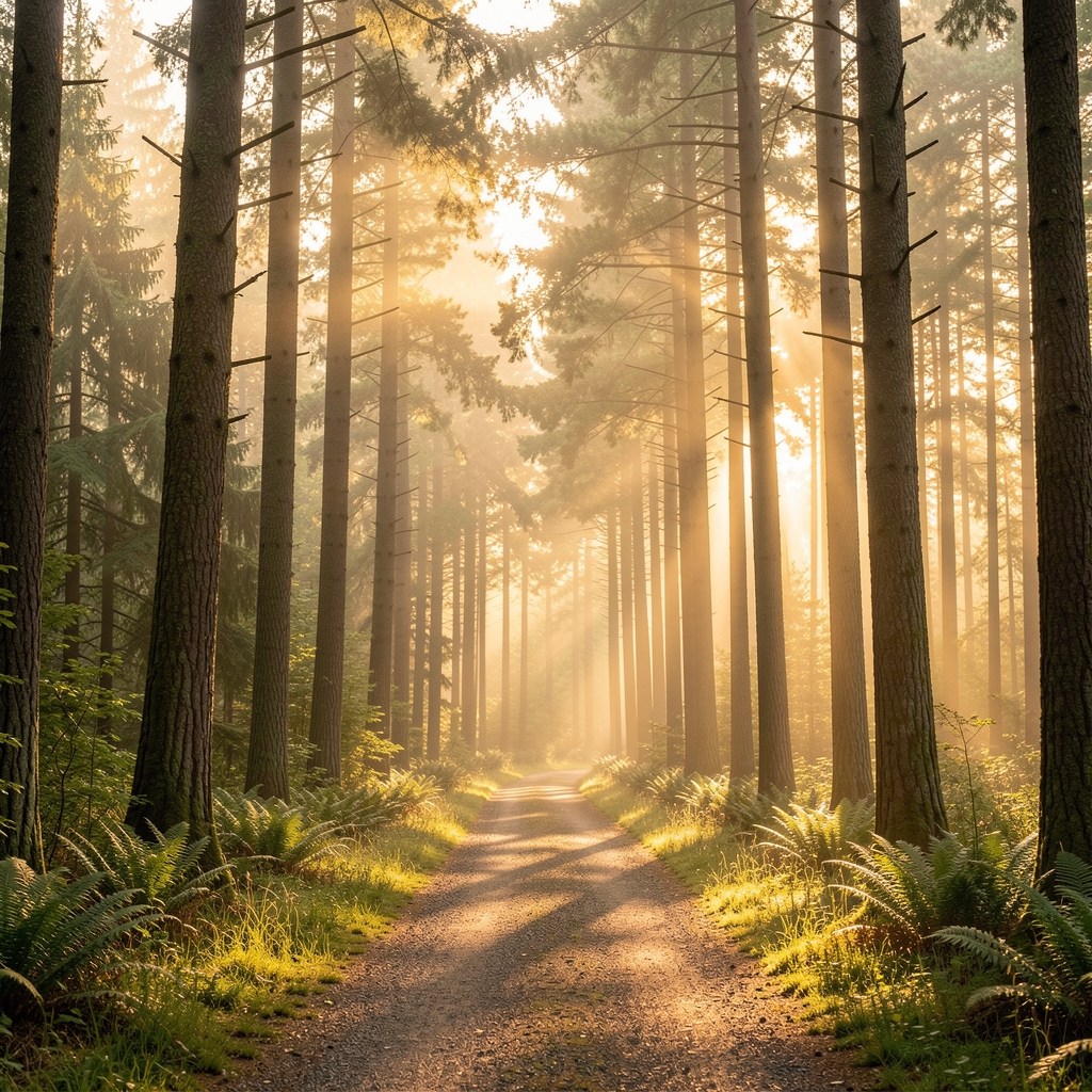 Serene forest path at dawn with soft golden light filtering through tall trees, evoking calm and natural vitality