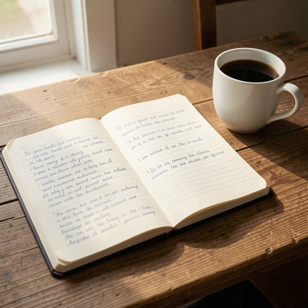 Open research notebook with handwritten notes on a wooden desk alongside a cup of coffee in soft morning light, representing critical thinking and fact-checking