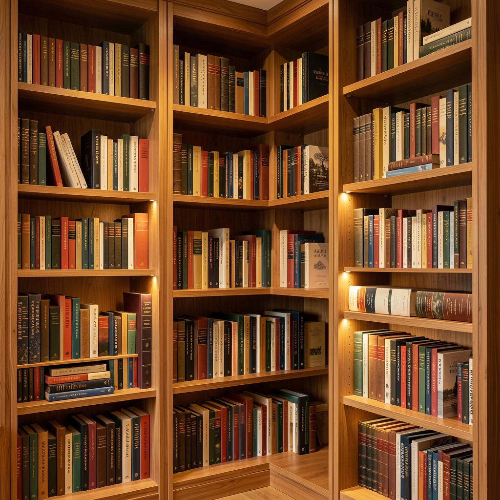 Structured wooden library shelves with rows of categorized books in warm ambient light, representing organized knowledge and intellectual depth